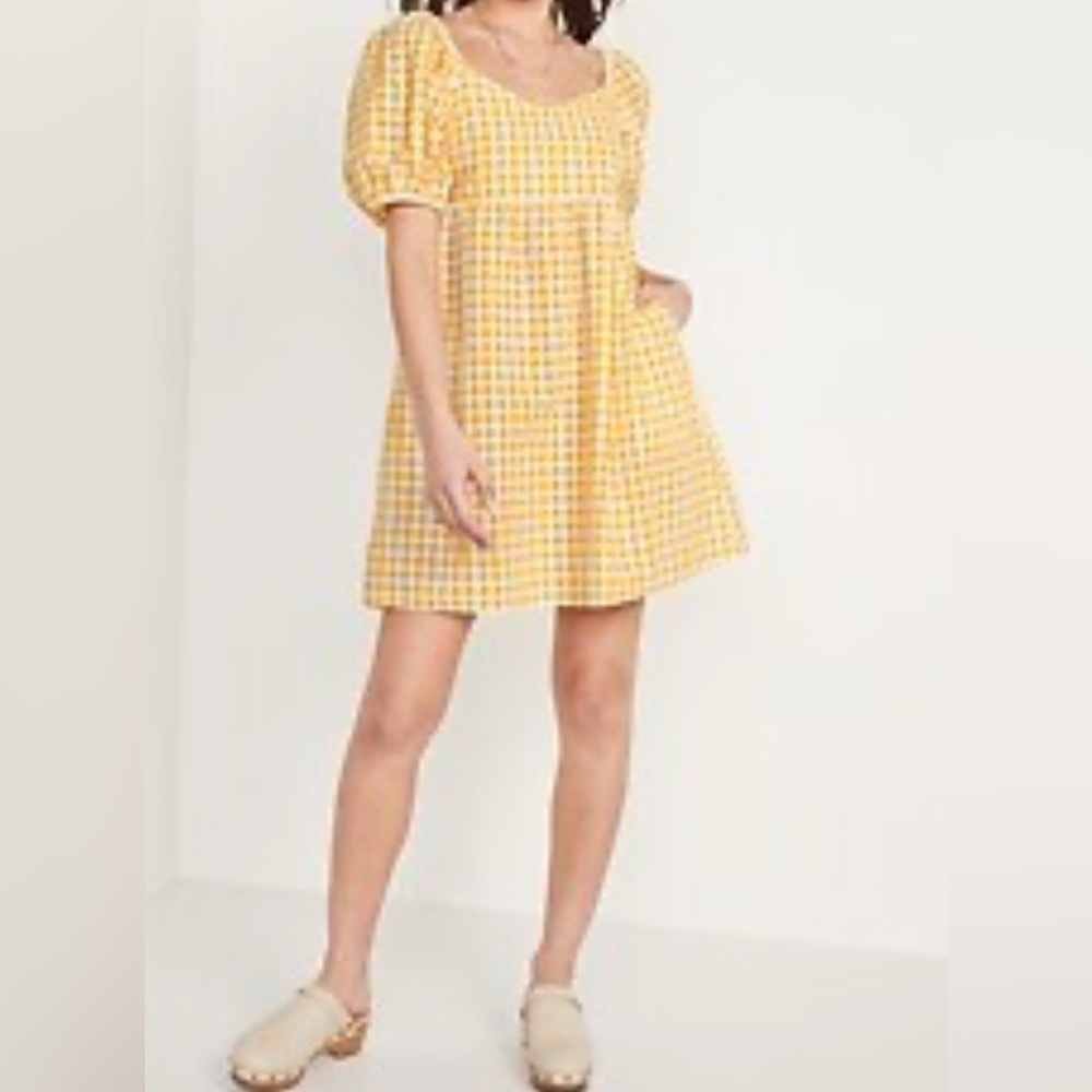 Old Navy Womens XS Yellow White Check Puff Sleeve Babydoll Dress Preppy Summer